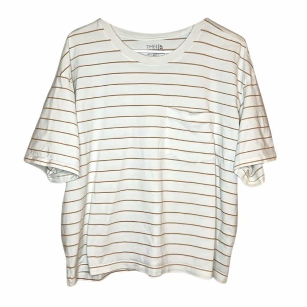 Time and Tru Oversized Tee White & Tan Striped Basic T-shirt - Size Womens XL